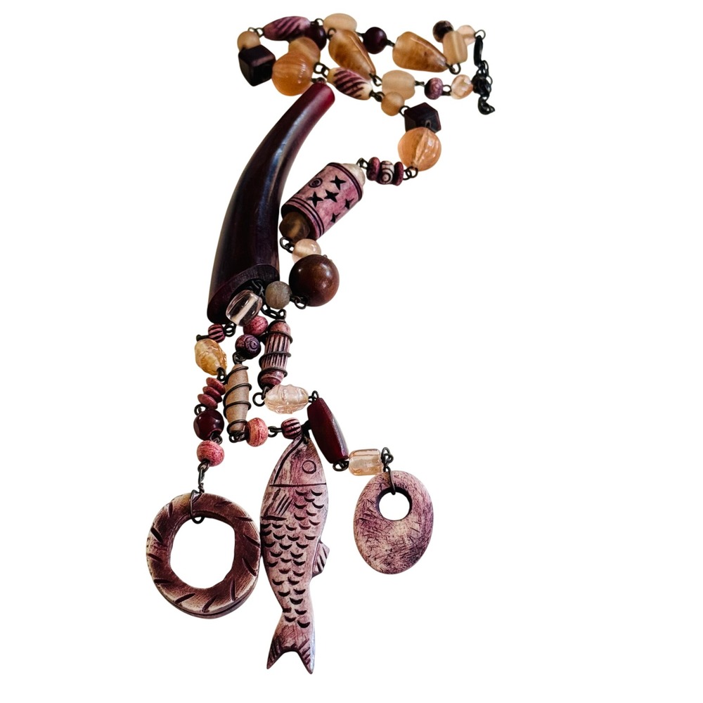 Charm Dangle Fetish Animal Tribal Necklace VTG fish glass Statement horn tassel